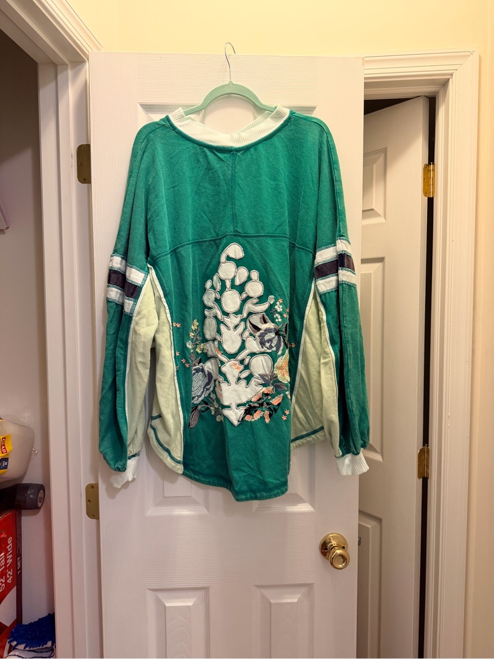 FP Movement by Free People Teal Green & Cream Embroidered Sweatshirt